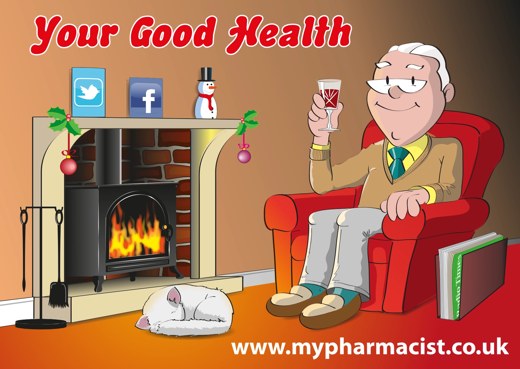 My Pharmacist cartoon postcard. Christmas marketing